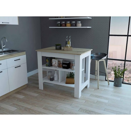 Homeroots Light Oak & White Kitchen Island with Three Storage Shelves 474098